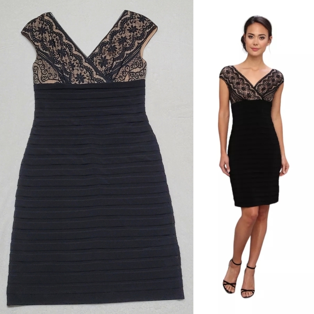 Adrianna Papell Black Lace Banded Tiered Knee Length Cocktail Dress 4